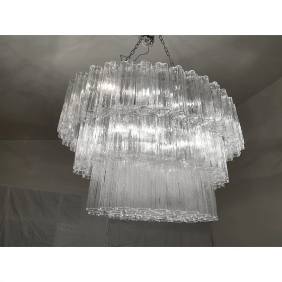 Image 1 of Contemporary Oval Transparent “Tronchi” Murano Glass Chandelier in Venini Style