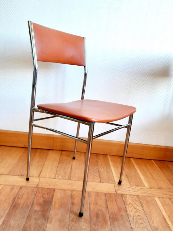 Image 1 of 3x Stühle aus der Mitte des Jahrhunderts, bezogen mit Kunstleder und Chrom, ca. 1950