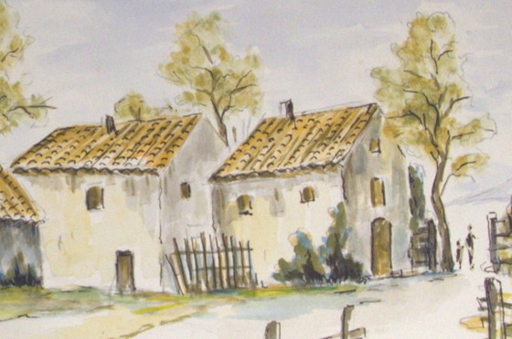 Watercolor painting of a Provençal farmhouse and two people (adult and child), 32x24cm – Paintings & Drawings (photo 3 of 5)