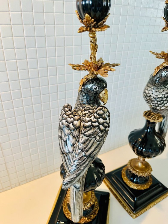 Image 1 of 48 cm grote, enorme set - bronzen, porseleinen papegaai kandelaars, nieuwe kandelaars
