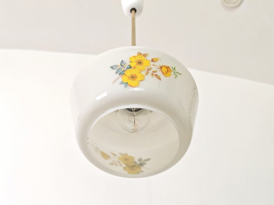 Image 1 of Vintage Floral Glass Pendant Light / Mid Century Hanging Lamp / Retro Ceiling Light / Vintage Kitchen Lighting / 1970s