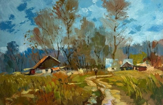 Image 1 of Dipinto ad olio originale Paesaggio autunnale di un villaggio Sto tornando a casa