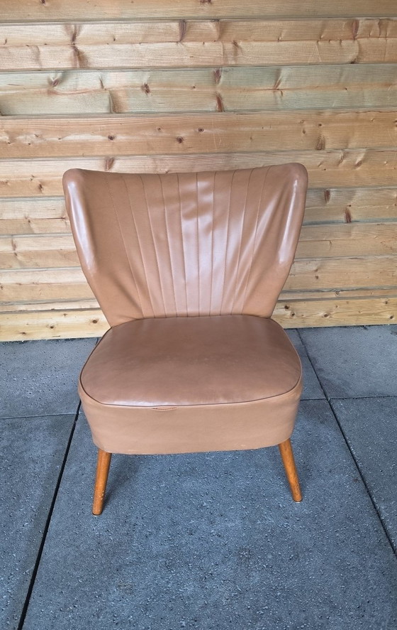 Fauteuil Cocktail / Fauteuil Club Vintage Mid Century - Skai Cognac - Années 50/60 – Wood (photo 2 of 5)