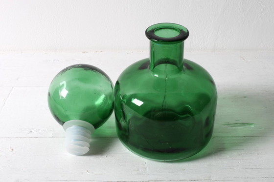 Image 1 of Vintage Emerald Green Glass Decanter / Genie Bottle with Stopper / Empoli / Italy / 1960s