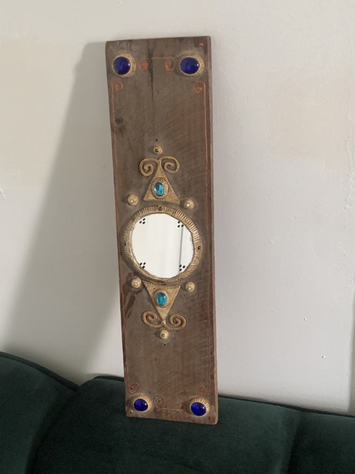 Inspiratie van François Lembo: Wandspiegel van hout, keramiek en glas, gesigneerd AS – Ceramic