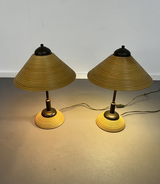 Image 1 of 2 lampade vintage in rame e rattan, Italia