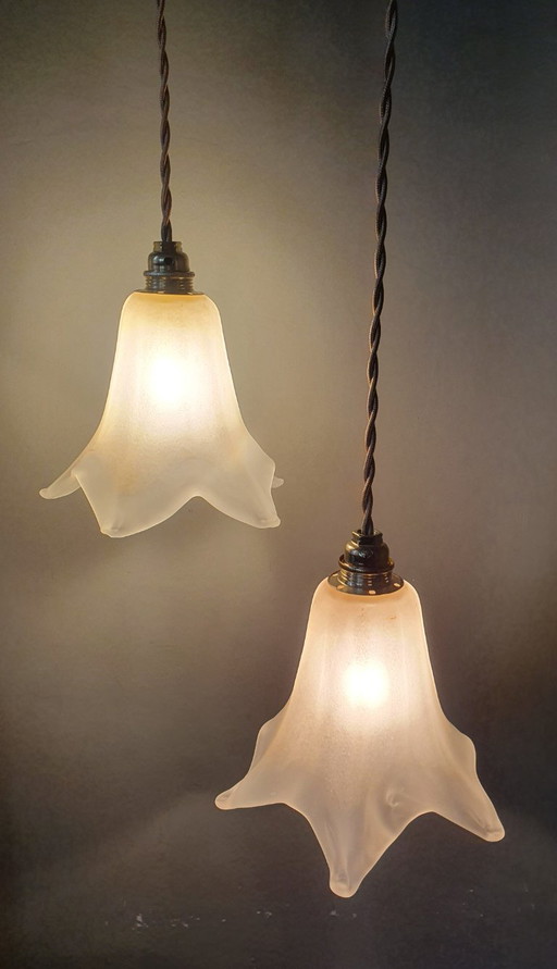 Set di 2 lampade a sospensione vintage in vetro di Murano a forma di calice