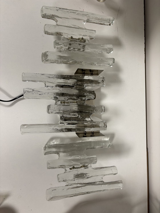 Image 1 of Gran lámpara de pared J.T. Kalmar 'PAN' en cristal hielo y níquel, años 70