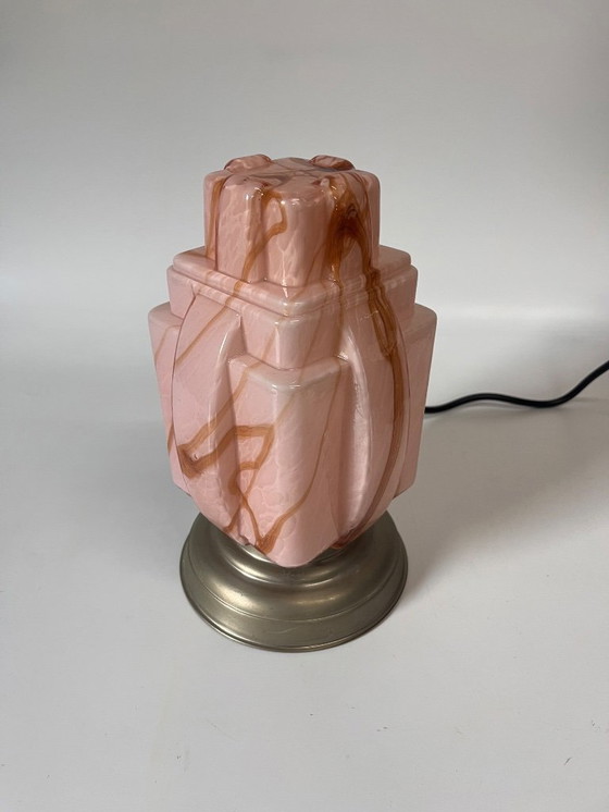 Image 1 of Antique pink Art Deco marbled lamp table lamp skyscraper