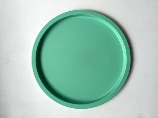Bandeja redonda de metal turquesa posmoderna, bandeja de metal verde vintage, plato, cuenco