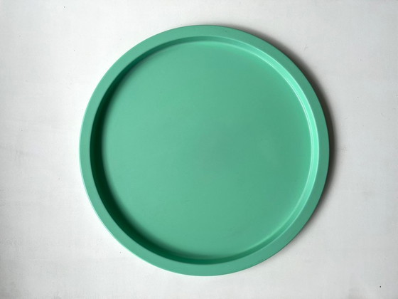 Image 1 of vassoio rotondo in metallo turchese postmoderno, vassoio vintage in metallo verde, piatto, ciotola