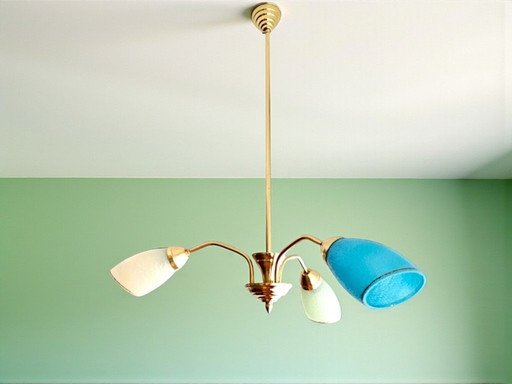 Mid-Century Portuguese Modern Blue Glass, Gold & Metal Sputnik Chandelier 1940s