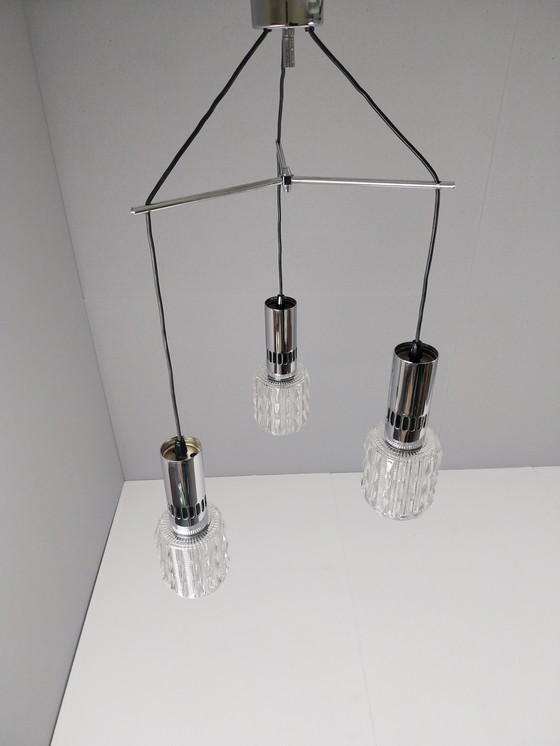 Image 1 of Vintage Hanglamp met 3 Lichtpunten (Chroom + Glas), Jaren 70
