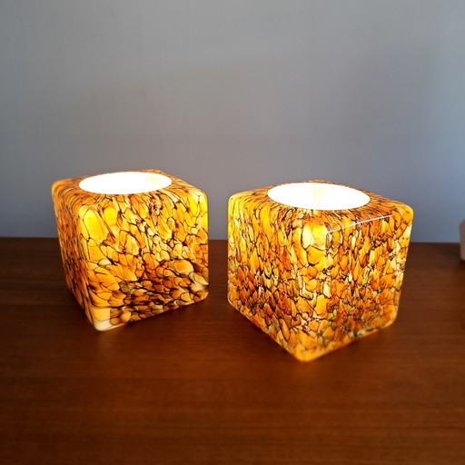 Een Set Van Twee Vintage Peill & Putzler Tafellampen. Kubus Glazen Lampen. Duitsland Jaren '70.