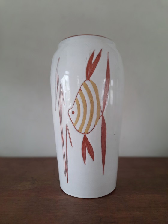 Image 1 of Vintage Gubbels Vaas Met Abstract Visdecor, Jaren '50