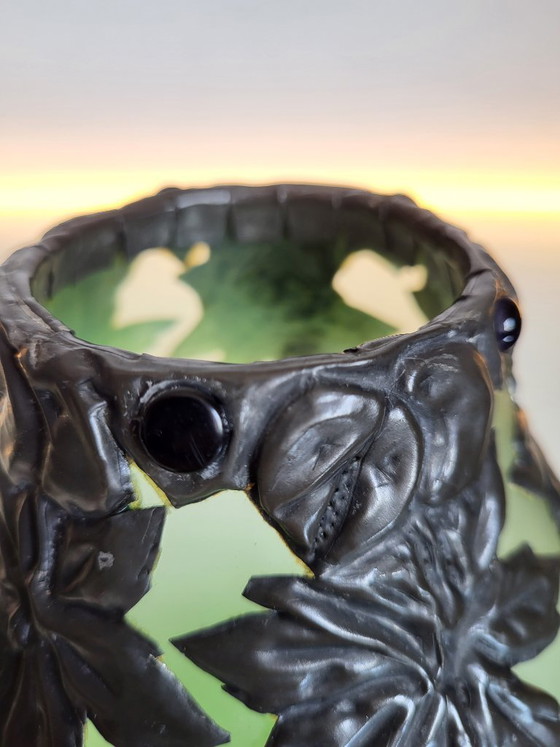 Image 1 of Art Nouveau Loetz vase with green glass, pewter mount, floral decoration