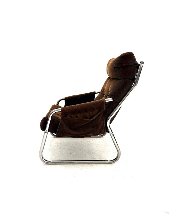 Vintage buisframe fauteuil, Gillie Lundgren, Ikea ‘70, Chroom, Textiel, Bruin (foto 6 van 10)