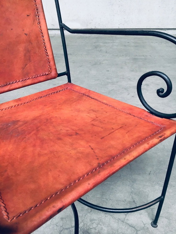 Image 1 of Eetkamerstoelset van smeedijzer en cognackleurig leer, Spanje, jaren 60