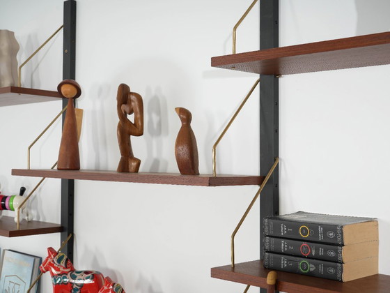 Danish Modular Shelving From The 1970s — Teak Veneer With Black Wall Rails, Ten Shelves – Bookcases, Wood (photo 8 of 18)