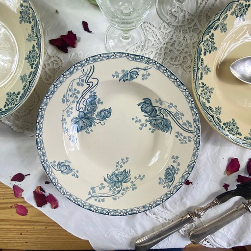 Set of 6 mismatched ironstone soup plates, antique Sarreguemines earthenware, Choisy le Roi Boulanger