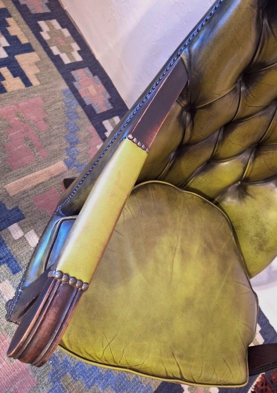 Image 1 of Mid Century Olive Green Tufted Leather Chesterfield Library Armchair, 1970s