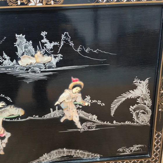 Image 1 of Vintage Chinoiserie black lacquered wall panel with mother-of-pearl inlay