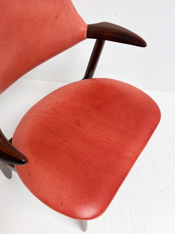 Image 1 of Roter Leder-Kuhhornstuhl für Renovierung, 1970er Jahre
