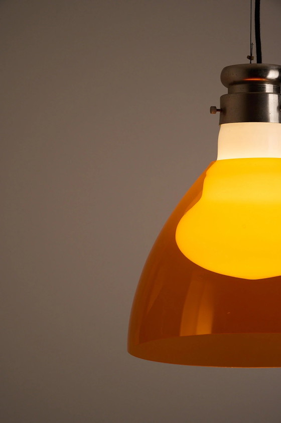 Space Age Blown Glass Pendant Lamp by Vistosi, Italy, 1970s, Ceiling lights, Aluminium, Orange (photo 4 of 10)