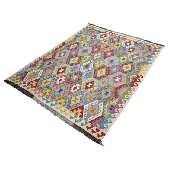 Handgewebter afghanischer Kelim-Teppich – Maimana-Wolle, geometrisches Muster (210 x 164 cm) (photo 3 of 5)