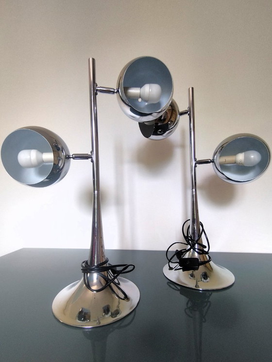 Image 1 of RARE - Pair of vintage design chrome Eye Ball lamps - Tulip base - Adjustable globes