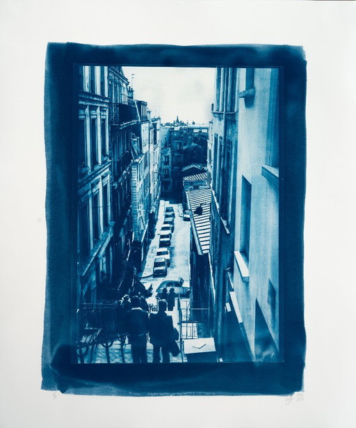 Stairs – Rue Drevet, Montmartre, photo Paris 1976 / Cyanotype 2026
