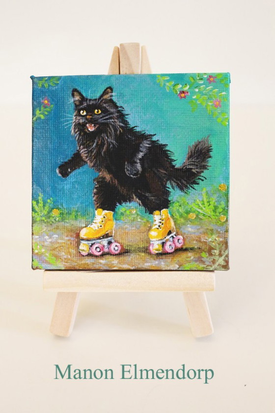 Unique Hand-Painted Small Painting of a Roller Skating Cat – Paintings & Drawings, Canvas, Wood (photo 6 of 6)