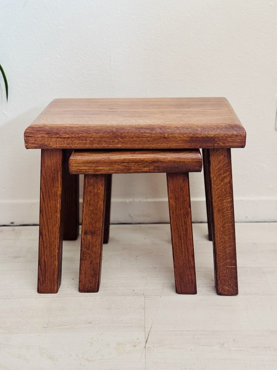 Image 1 of Vintage brutalistische bijzettafeltjes eiken jaren ‘70