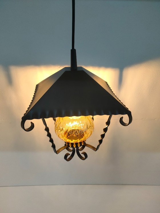 Image 1 of Massive lantern pendant lamp with amber ribbed glass