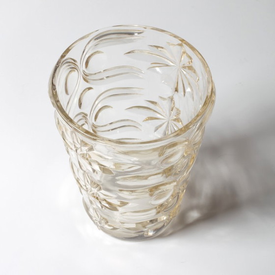 Large Stylish Mid-century Solid Heavy Clear Patterned Glass Flower Vase / Fidenza / Italy / 1960s (photo 4 of 14)