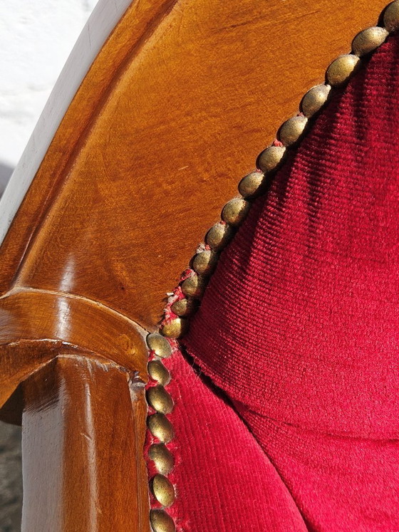 Image 1 of Vintage Franse telefoonbank - Rode fluwelen loveseat - Roddelbank - Stijl Louis XV - jaren 70