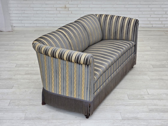 Image 1 of 1960s Danish 3-Seater Sofa, Blue/Beige Furniture Velour, Beech Wood Legs