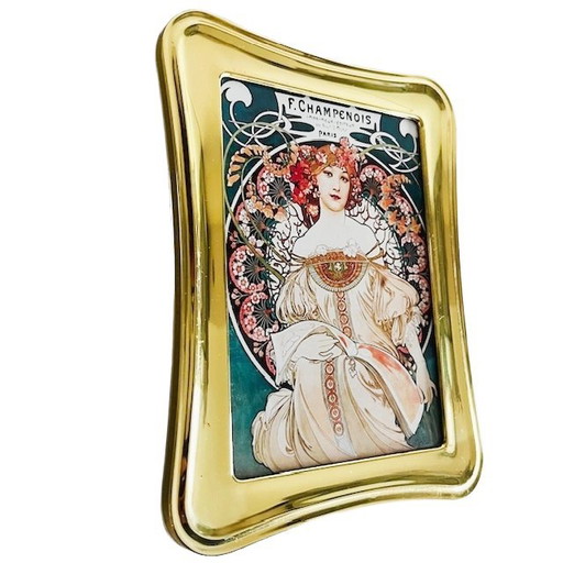 Dipinto vintage Art Nouveau di Alphonse Mucha Cornice in ottone Champenois degli anni '60