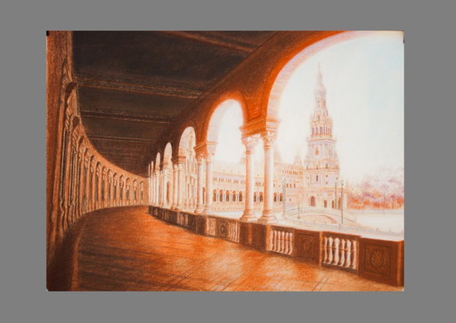 Painting of Plaza de España in Seville. Drawing of Plaza de España in Seville. Seville Painting. New.