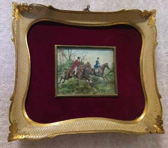 Image 1 of Signed 19th Century English Oil on Canvas Miniature Hunting Scene