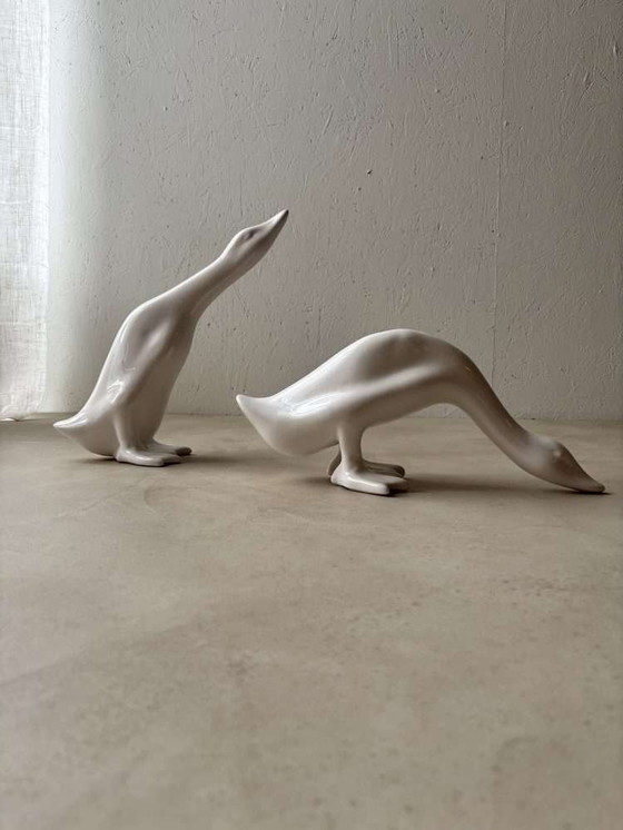 Image 1 of Minimalist porcelain geese set 80s white design