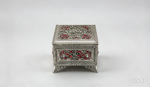 Vintage Jewelry Box / Jewelry Casket – Silver-colored with Filigree Rose Ornaments – 9 × 9 × 8 cm