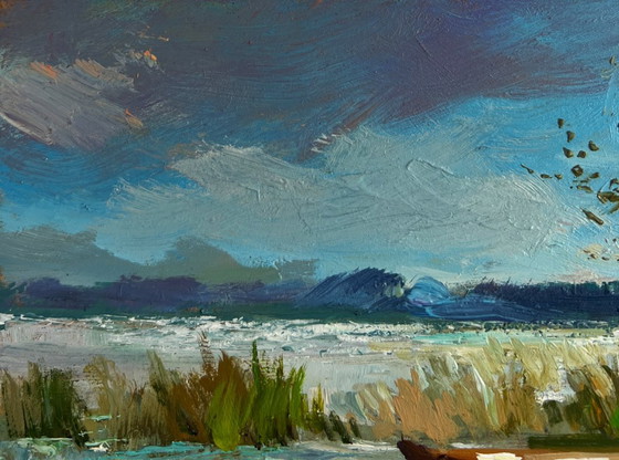 Image 1 of Original Oil Painting Summer River Landscape Boats moored on the shore