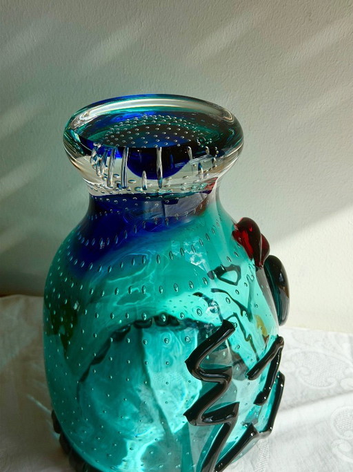 Grand vase original en verre de Murano – Motif visage de Picasso – Sculpture en verre d'art massif
