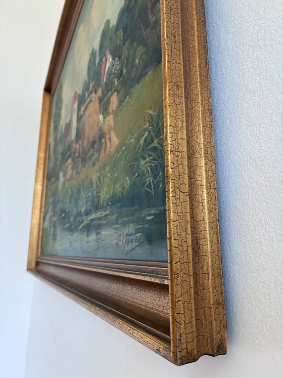 Image 1 of Peinture à l'huile originale vintage de grand paysage, signée, art champêtre