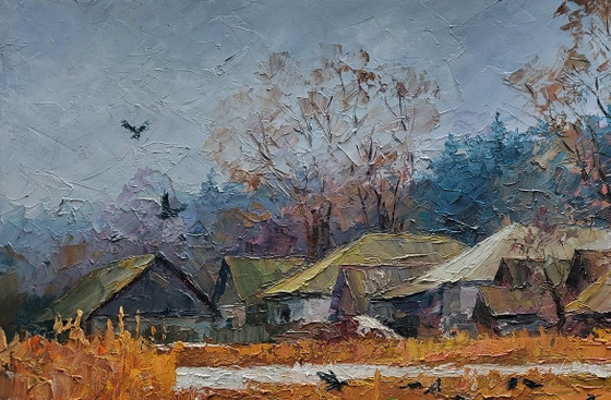 Original Oil Painting Rural Landscape The First Snow Fell In The Village – Paintings & Drawings, Canvas (photo 4 of 7)