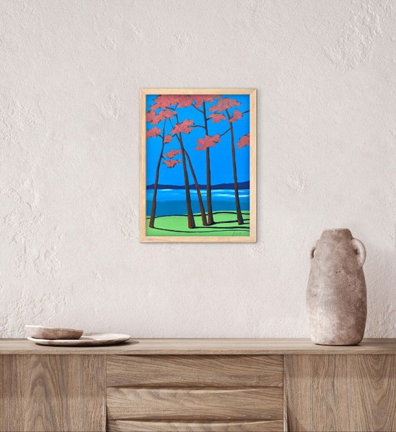 Abstract painting by Frédéric Cadiou, pink trees and blue sky, Paintings & Drawings, Other, Paper (photo 3 of 5)