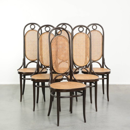 6x Original Vintage Thonet Long John Design Esszimmerstuhl / Bistrostuhl mit Gurtband – eetkamerstoelen, Wood, Klassiek