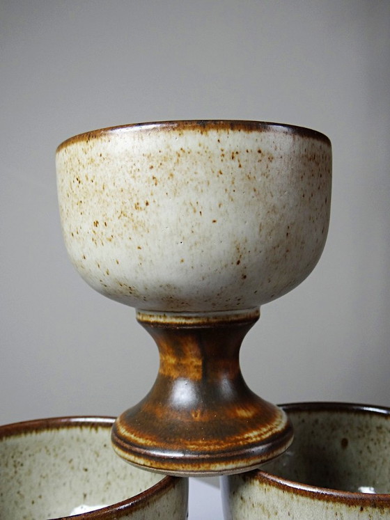 Image 1 of Set of 4 vintage glazed stoneware cider bowls/ice cream cups with stems