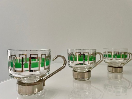 6X Vintage Espressomokjes Glas/Chroom Met Groen/Zilver Retro Dessin